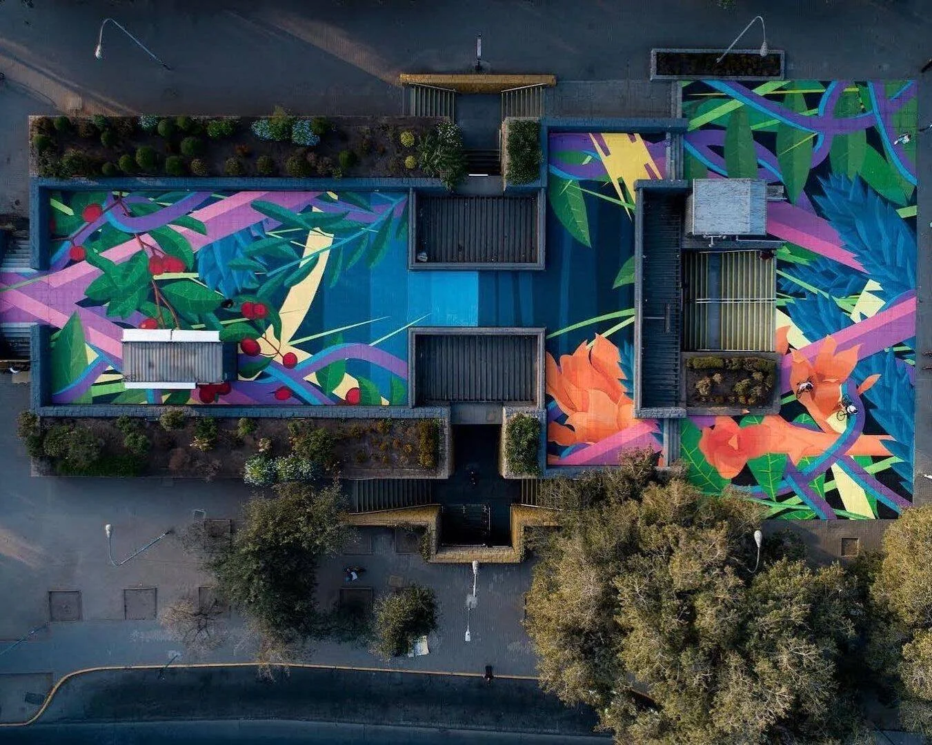 Vista aérea de un gran mural con flores naranjas, cerezas y hojas tropicales pintado sobre el techo de un edificio urbano.