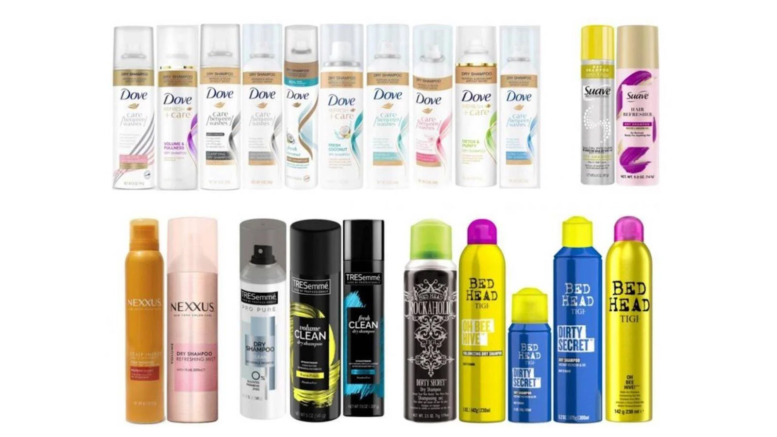 Aerosoles de champú en seco de las marcas Dove, Suave, Nexxus, TRESemmé y Bed Head TIGI expuestos sobre fondo blanco.