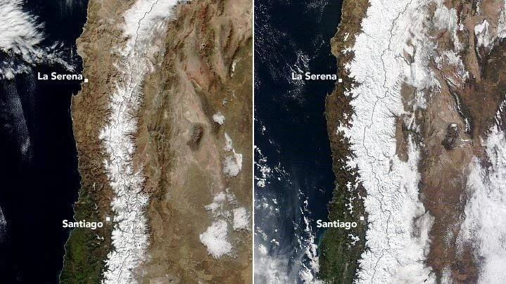 Imágenes satelitales de Chile que muestran el contraste entre una zona árida y la misma zona con mayor vegetación y nieve, entre La Serena y Santiago.