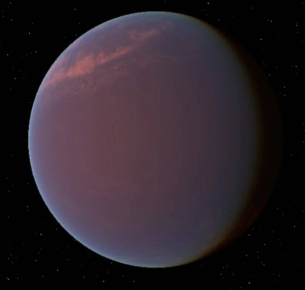 Ilustración de un exoplaneta de tonos rojizos y atmósfera densa flotando en el espacio oscuro estrellado.