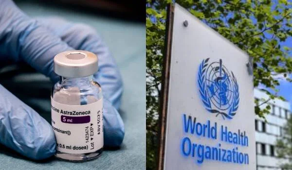 Frasco de vacuna AstraZeneca sostenido con guante azul junto al cartel exterior de la Organización Mundial de la Salud.