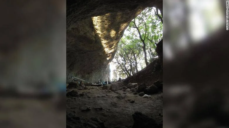 Vista desde el interior de una cueva con suelo de tierra y rocas, con luz natural entrando por una gran abertura que muestra árboles al fondo.
