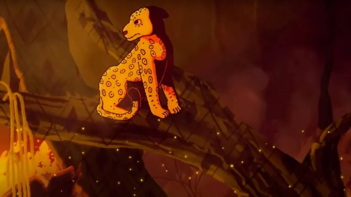 Personaje animado de leopardo con manchas sentado sobre una rama en un entorno oscuro con tonos rojizos.