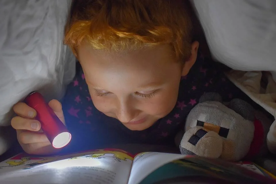 Niño leyendo un libro ilustrado bajo las sábanas por la noche, alumbrándose con una linterna roja y acompañado de un peluche.