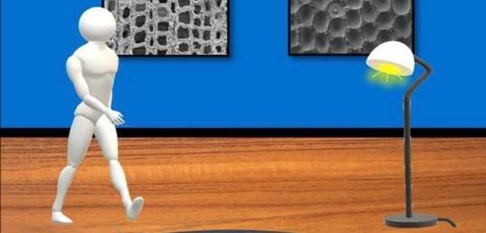 Ilustración 3D de una figura humana blanca caminando en una habitación azul con cuadros y una lámpara encendida.
