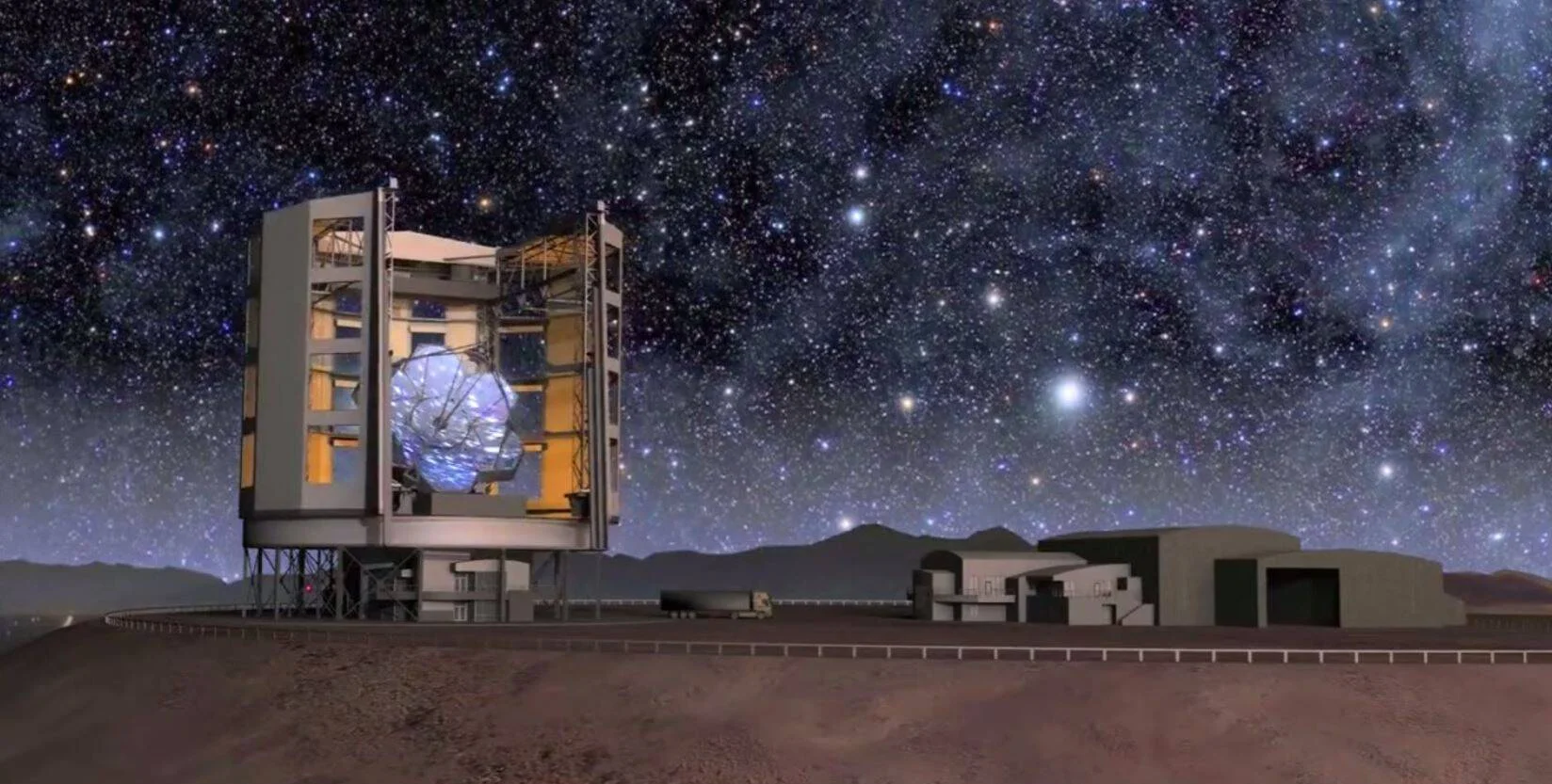 Ilustración artística de un gran telescopio con espejo segmentado expuesto, rodeado de edificios auxiliares bajo un cielo nocturno lleno de estrellas.