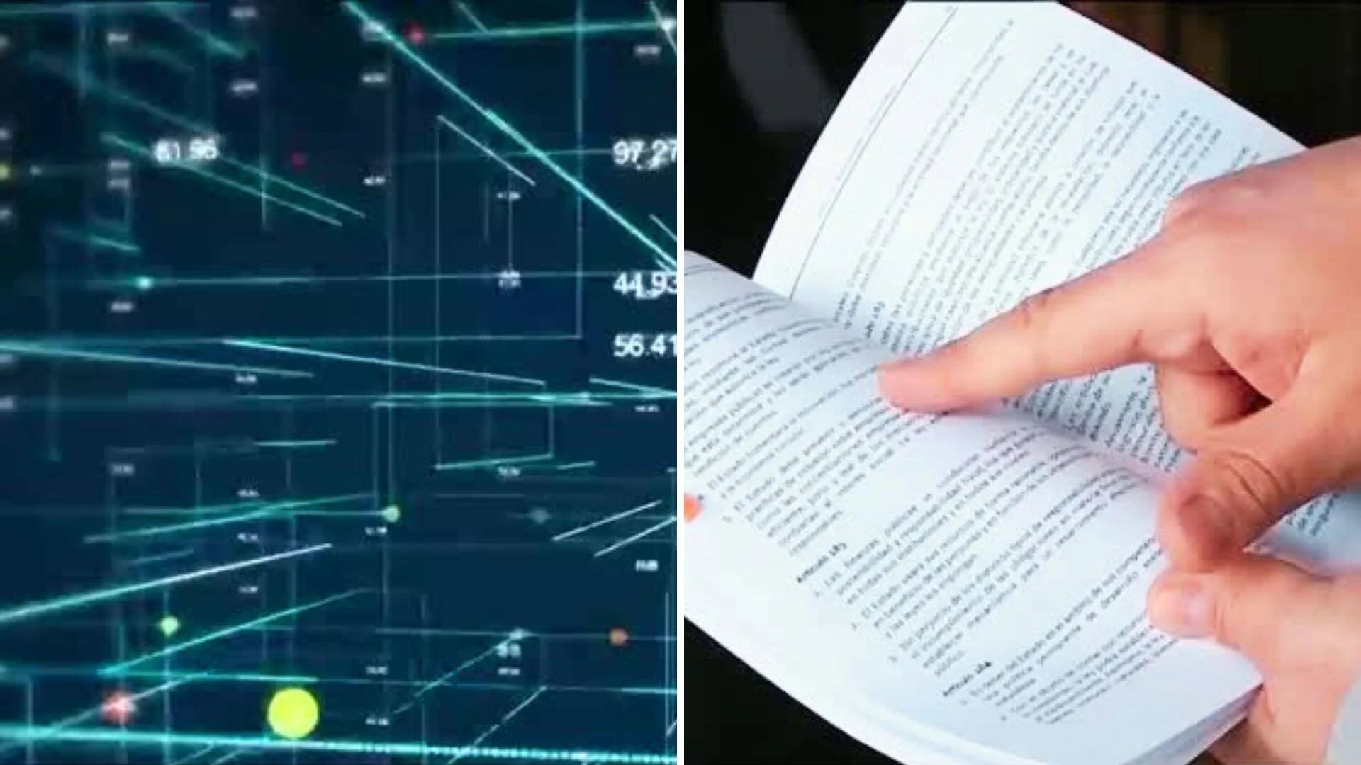 Composición con visualización digital de datos numéricos en azul y manos hojeando las páginas de un documento impreso.