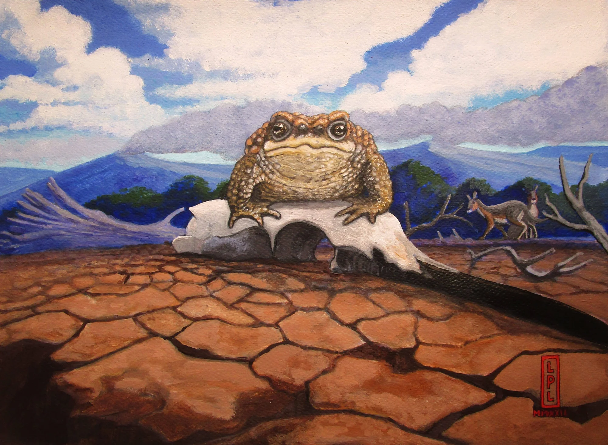 Pintura de un sapo posado sobre un cráneo en tierra agrietada y seca, con canguros y montañas al fondo.