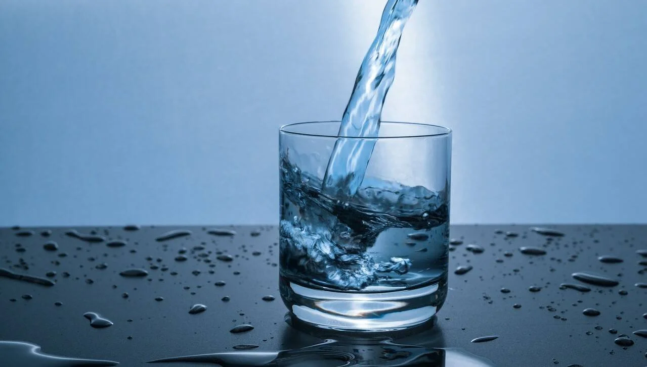 Chorro de agua cayendo dentro de un vaso de vidrio transparente sobre superficie con gotas dispersas.