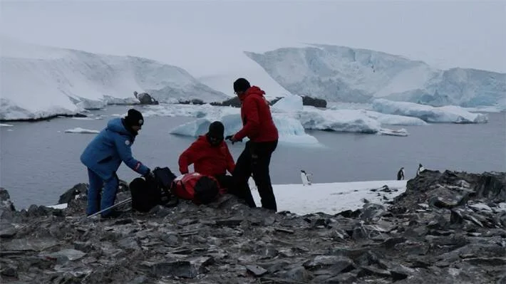 Tres personas con ropa de abrigo ayudan a alguien en el suelo sobre rocas en la Antártida, con icebergs y pingüinos al fondo.