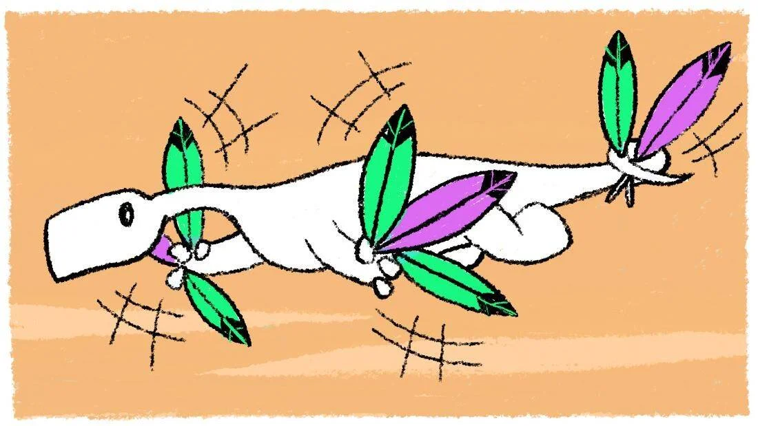 Ilustración de un animal imaginario blanco con alas de hojas verdes y moradas que vuela sobre fondo anaranjado.
