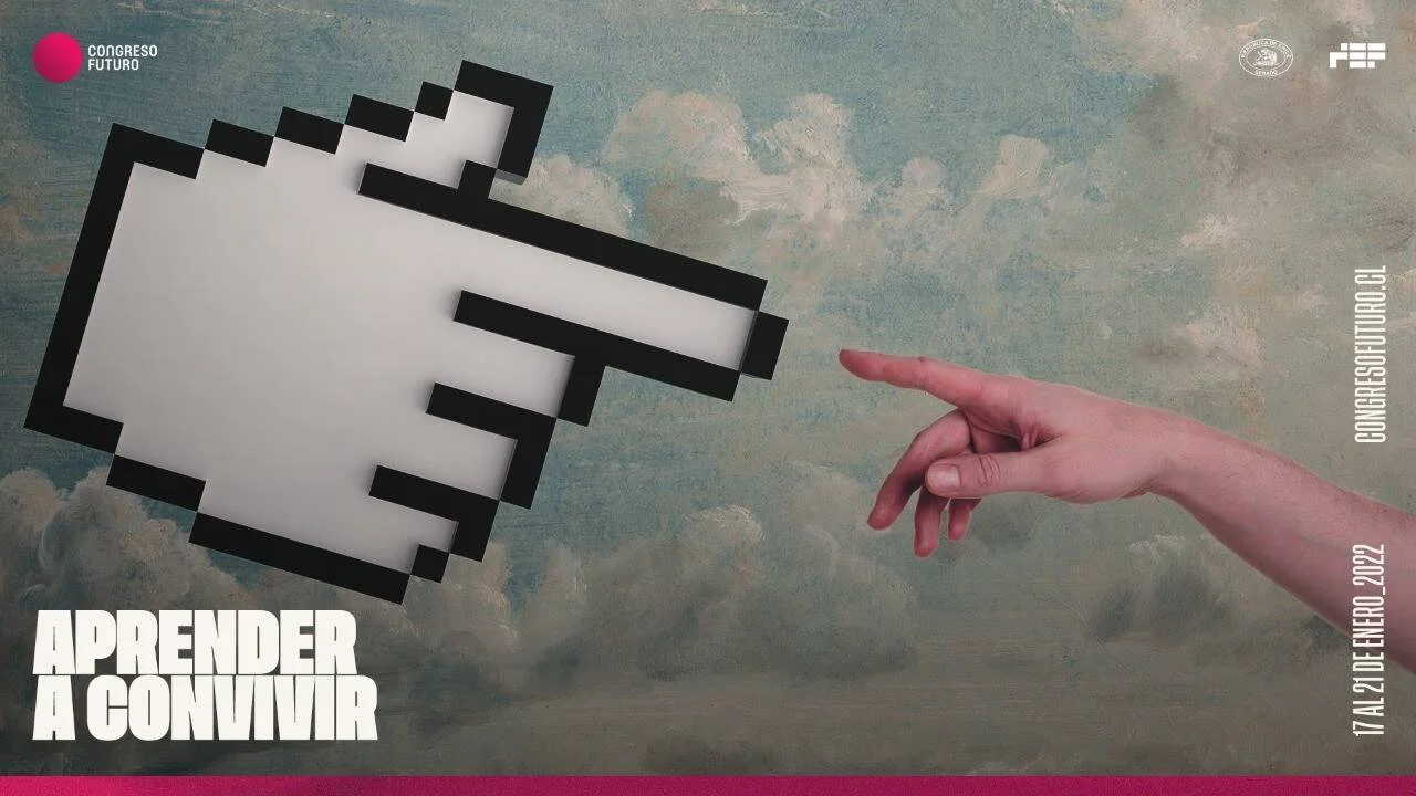 Afiche del Congreso Futuro 2022 con cursor pixelado y mano humana señalándose, evocando la Creación de Adán, bajo el lema 'Aprender a Convivir'.