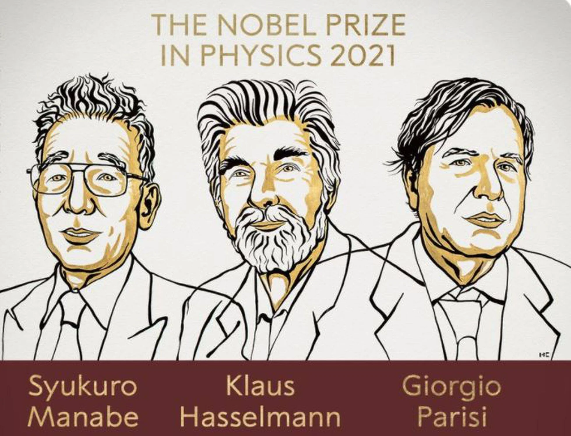 Ilustración oficial de los tres ganadores del Nobel de Física 2021: Syukuro Manabe, Klaus Hasselmann y Giorgio Parisi.