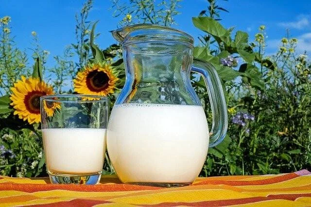 Jarra y vaso de vidrio llenos de leche fresca sobre mantel colorido, con girasoles y cielo azul de fondo.