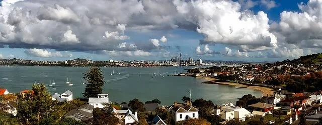 Vista panorámica de una bahía con veleros, barrio residencial en primer plano y skyline urbano al fondo bajo cielo nublado.
