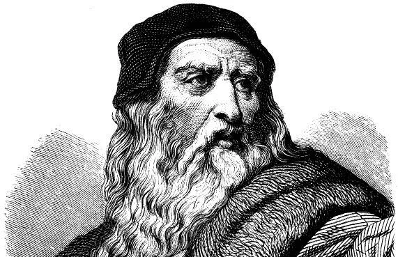 Grabado en blanco y negro de un hombre anciano con larga barba ondulada y boina oscura, estilo renacentista.