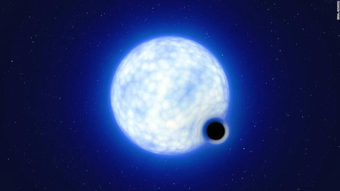 Recreación artística de un agujero negro durmiente orbitando una estrella supergigante azul luminosa en el espacio.