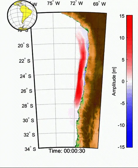 Mapa de simulación de tsunami frente a la costa de Chile mostrando amplitudes de olas de hasta 15 metros a los 30 segundos.