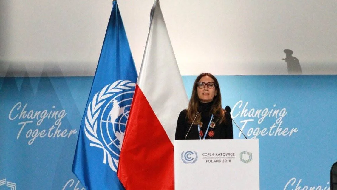 Una mujer habla desde el podio oficial de la COP24 en Katowice, Polonia 2018, con las banderas de la ONU y Polonia al fondo.