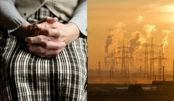 Manos de una anciana sentada junto a imagen de torres de alta tensión y chimeneas industriales emitiendo humo al atardecer.