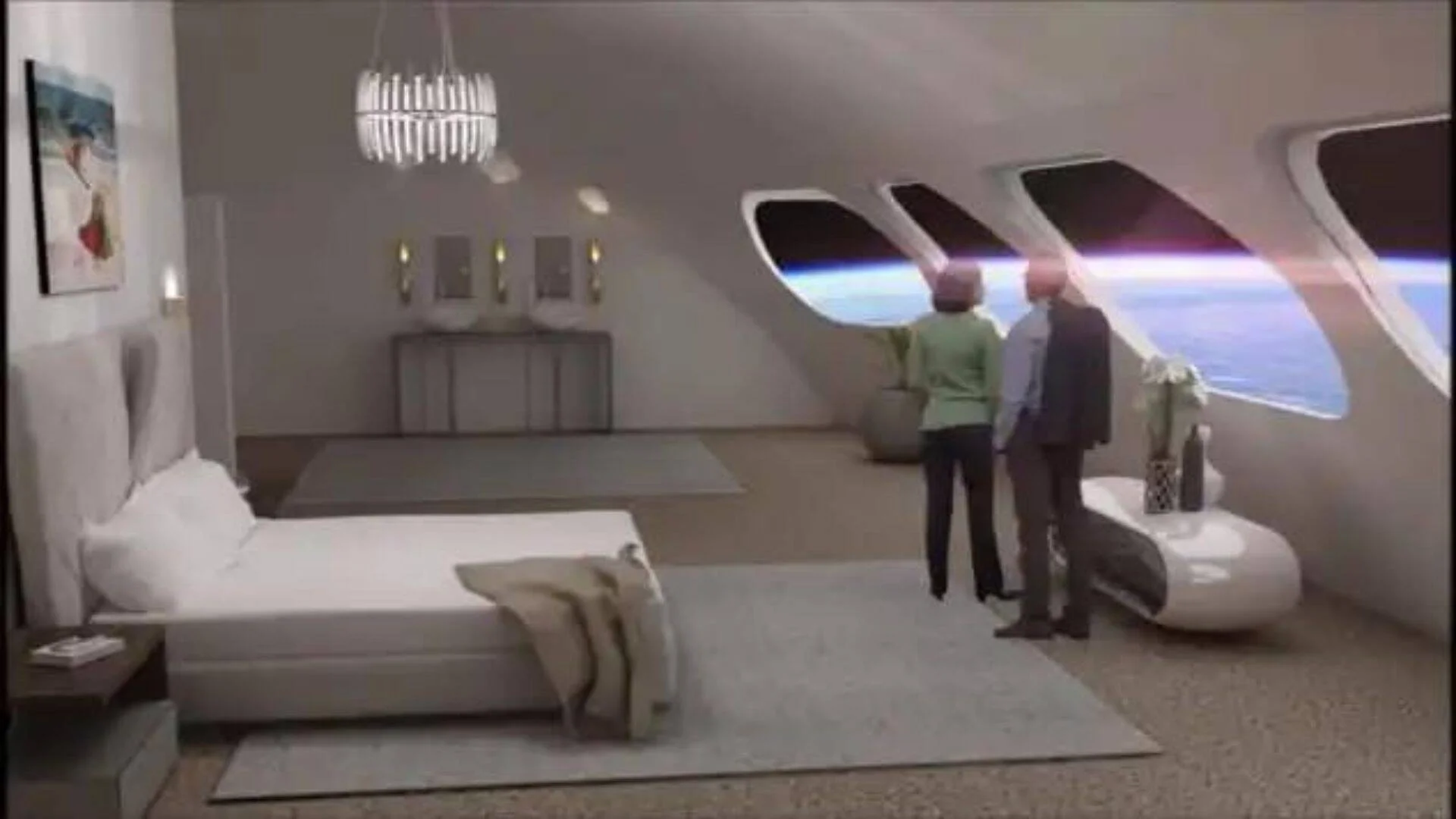 Ilustración conceptual de una lujosa habitación de hotel espacial con dos personas observando la Tierra desde grandes ventanales.