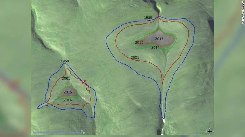 Imagen satelital con contornos superpuestos de dos glaciares en los años 1959, 2001, 2014 y 2015, mostrando su notable reducción a lo largo del tiempo.