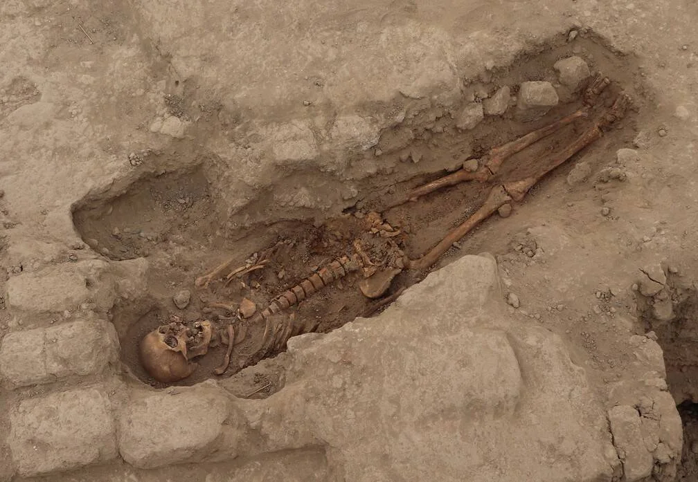 Esqueleto humano completo en posición extendida dentro de una fosa funeraria excavada en tierra arcillosa.
