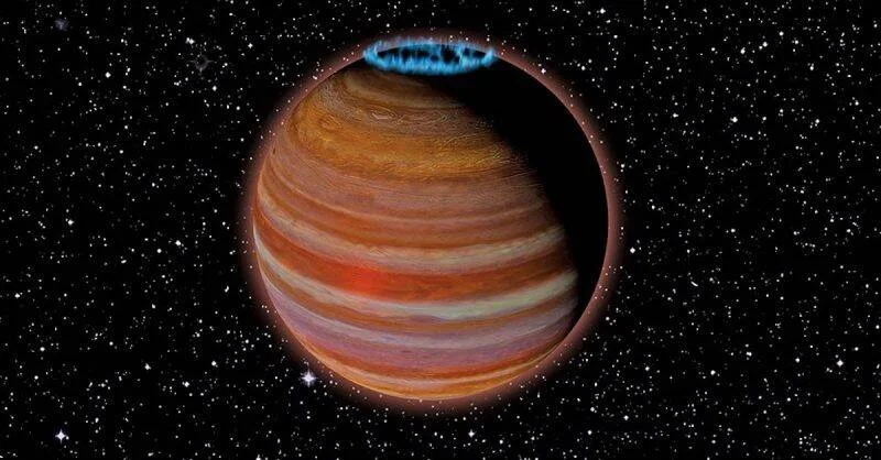 Ilustración artística de un planeta gigante gaseoso solitario con bandas naranjas y una aurora azul brillante en su polo norte, sobre fondo estrellado.