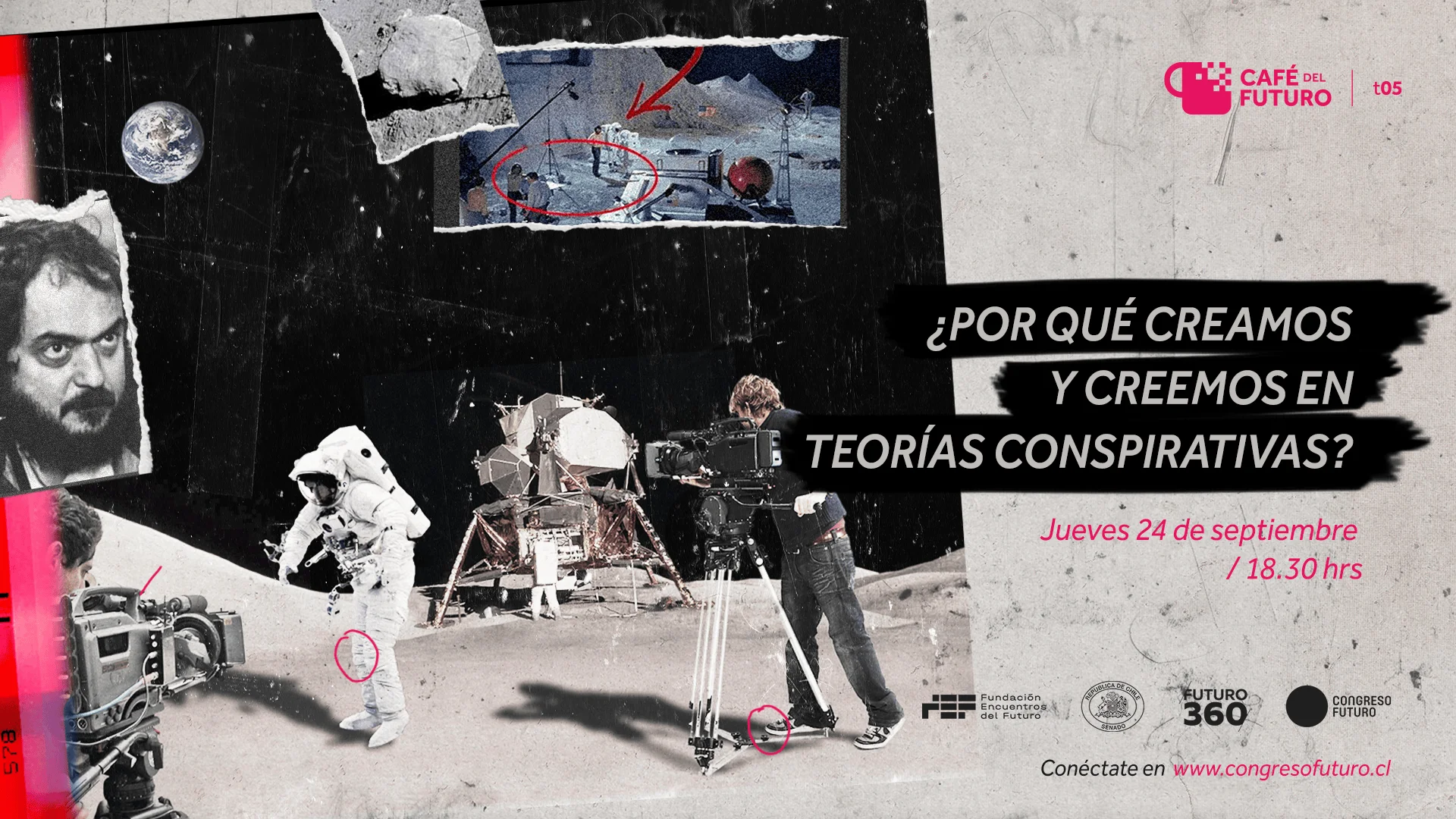 Afiche del evento Café del Futuro sobre teorías conspirativas, con imágenes de un supuesto rodaje de la llegada a la Luna, un astronauta y un camarógrafo.