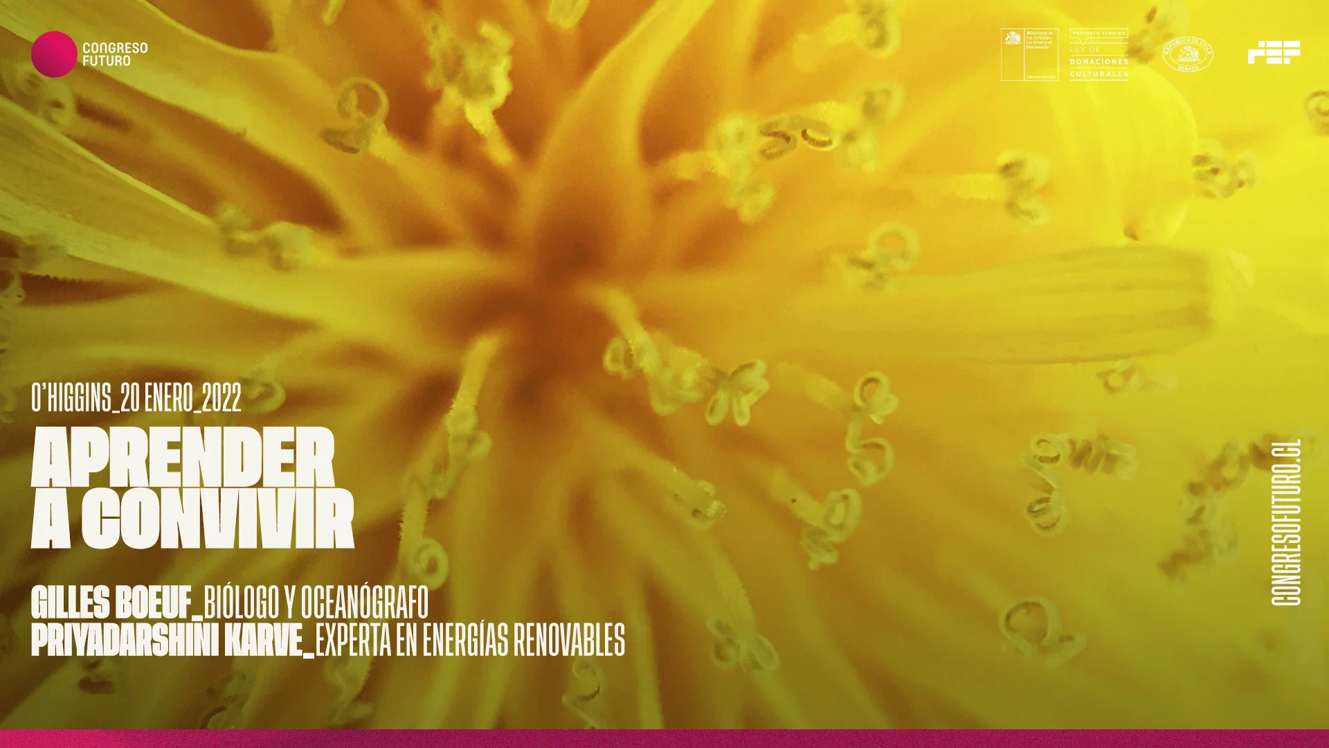 Afiche de Congreso Futuro con la charla 'Aprender a Convivir' del 20 de enero de 2022, con Gilles Boeuf y Priyadarshini Karve, sobre fondo de flor amarilla en primer plano.
