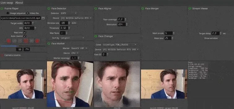 Interfaz de software de intercambio facial en tiempo real mostrando cuatro fotogramas con el rostro de un hombre reemplazado por el de otro.