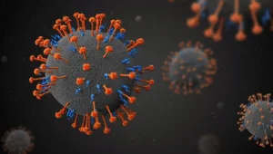 Representación tridimensional de partículas de coronavirus con espículas naranjas y azules sobre fondo oscuro.