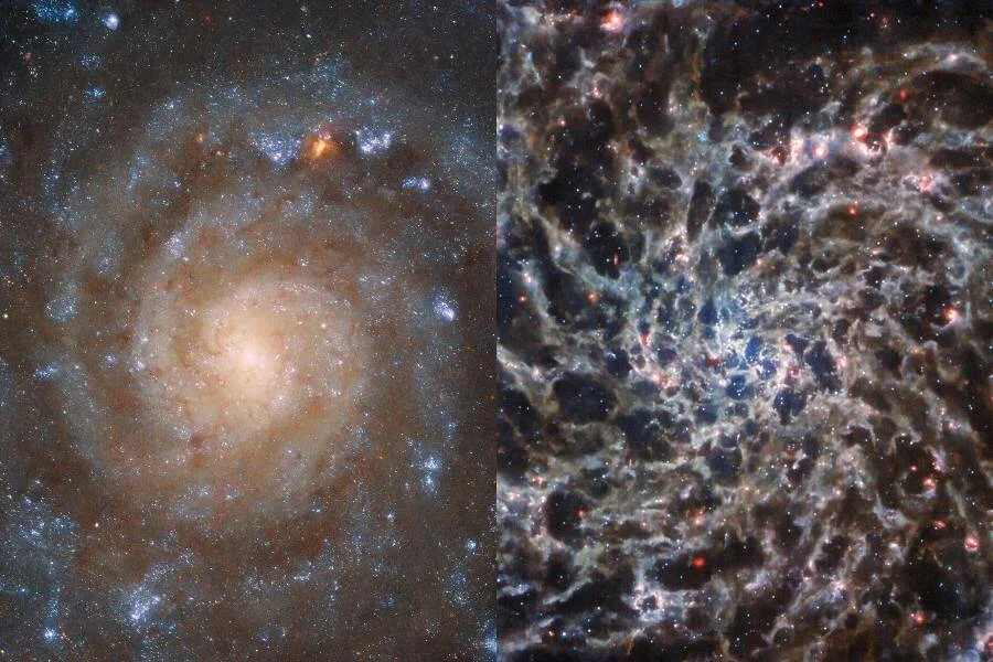 Comparación de una galaxia espiral captada por el telescopio Hubble (luz visible) y el telescopio Webb (infrarrojo), mostrando distintos detalles estructurales.