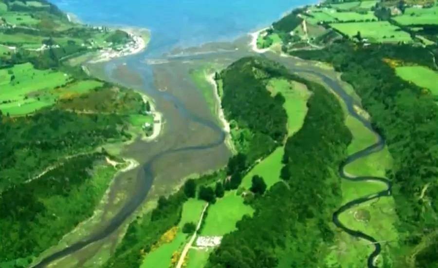Vista aérea de un río serpenteante que atraviesa valles verdes y desemboca en el mar azul.