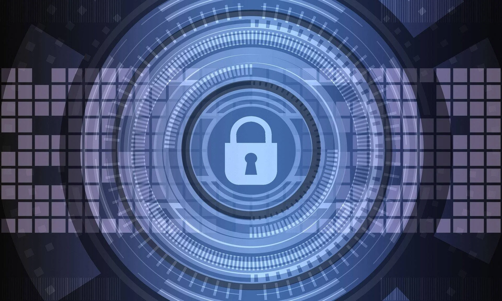 Candado cerrado en el centro de círculos concéntricos digitales, simbolizando seguridad cibernética.