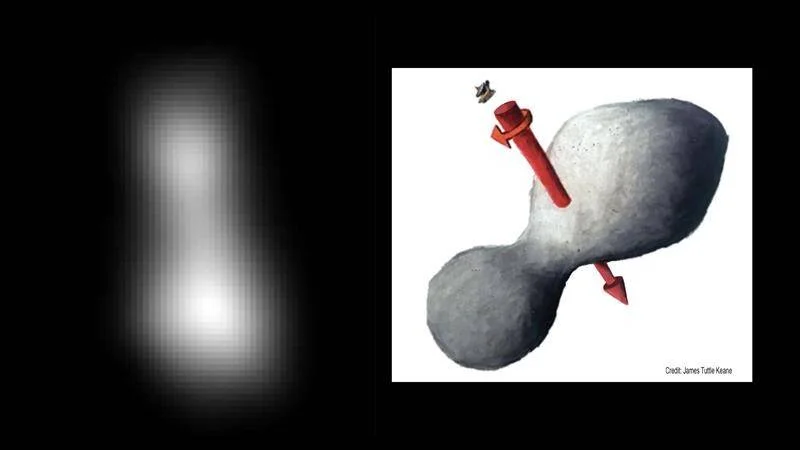 Fotografía borrosa de un objeto bilobulado del cinturón de Kuiper junto a una ilustración que muestra su forma de muñeco de nieve y eje de rotación.