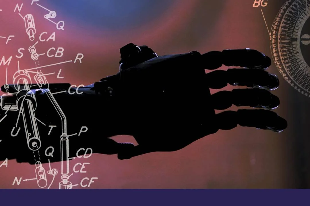 Silueta de mano robótica mecánica sobre fondo rojizo, rodeada de esquemas técnicos con componentes etiquetados.