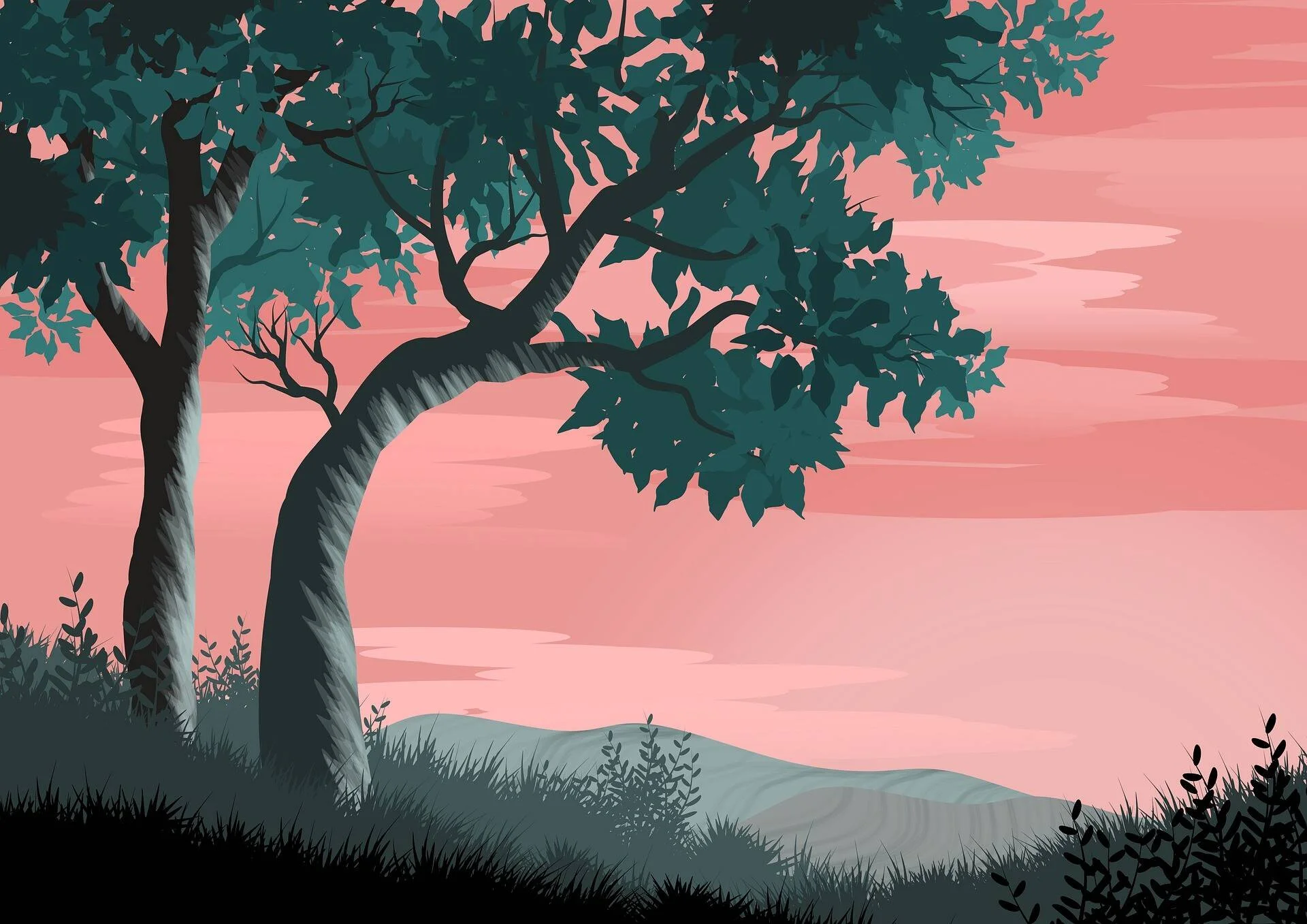 Ilustración de árboles de tonos verde azulado en un paisaje natural bajo un cielo rosado al atardecer.