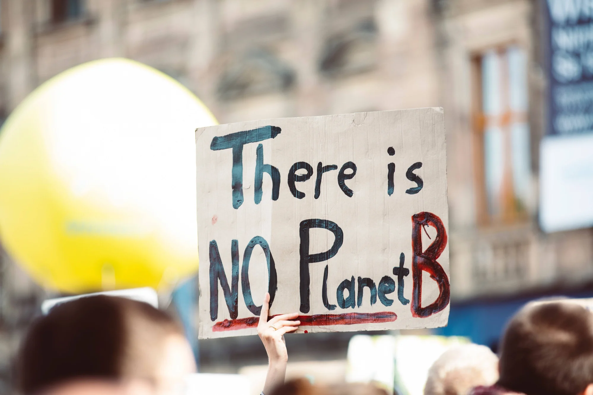 Manifestante sostiene un cartel pintado a mano con el mensaje "There is NO Planet B" durante una protesta por el clima.