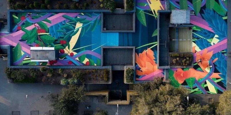 Vista aérea de un gran mural con motivos de hojas, frutos y flores vibrantes pintado sobre la azotea de un edificio.