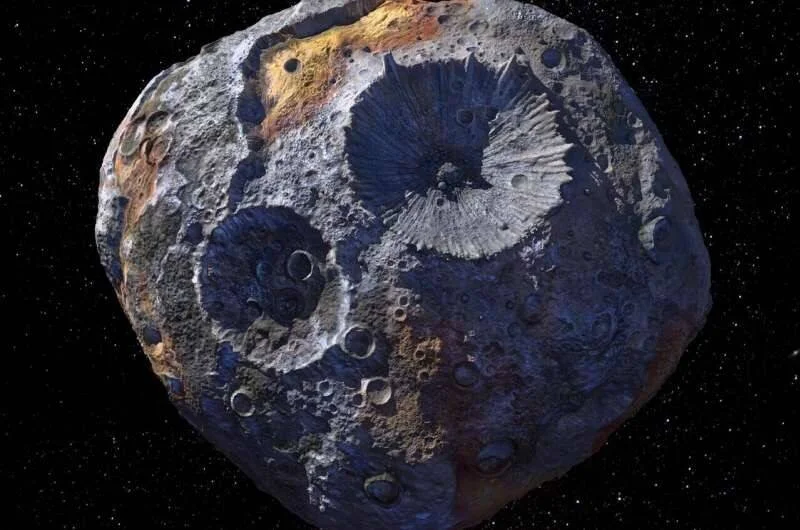 Ilustración artística de un asteroide rocoso y metálico cubierto de cráteres flotando en el espacio estrellado.