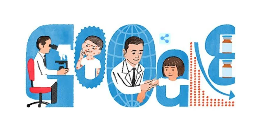Google Doodle ilustrado que representa a un científico al microscopio, un niño con sarpullido, un médico vacunando a una niña y frascos de vacunas.