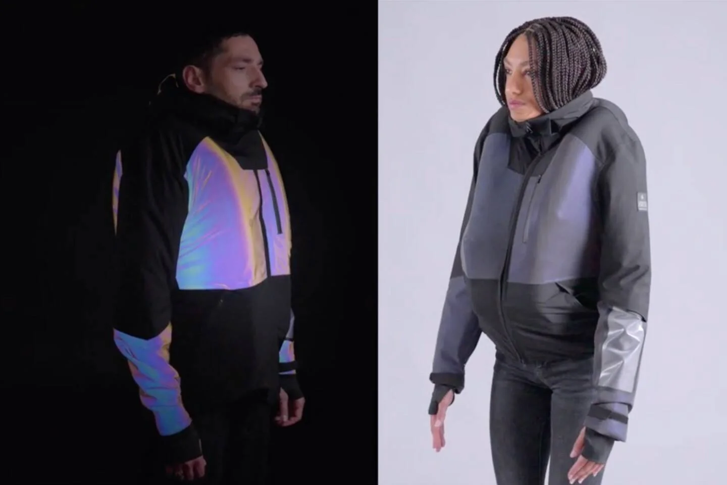 Dos modelos lucen la misma chaqueta técnica: de noche con paneles iridiscentes brillantes y de día con aspecto gris discreto.
