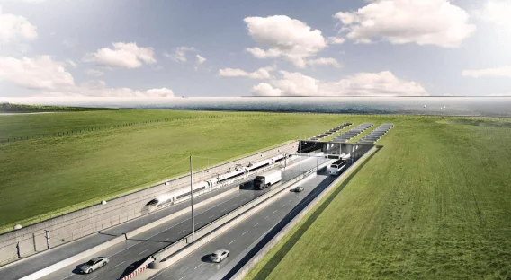 Visualización arquitectónica de la entrada a un túnel con autopista de varios carriles y vía ferroviaria rodeada de campos verdes.