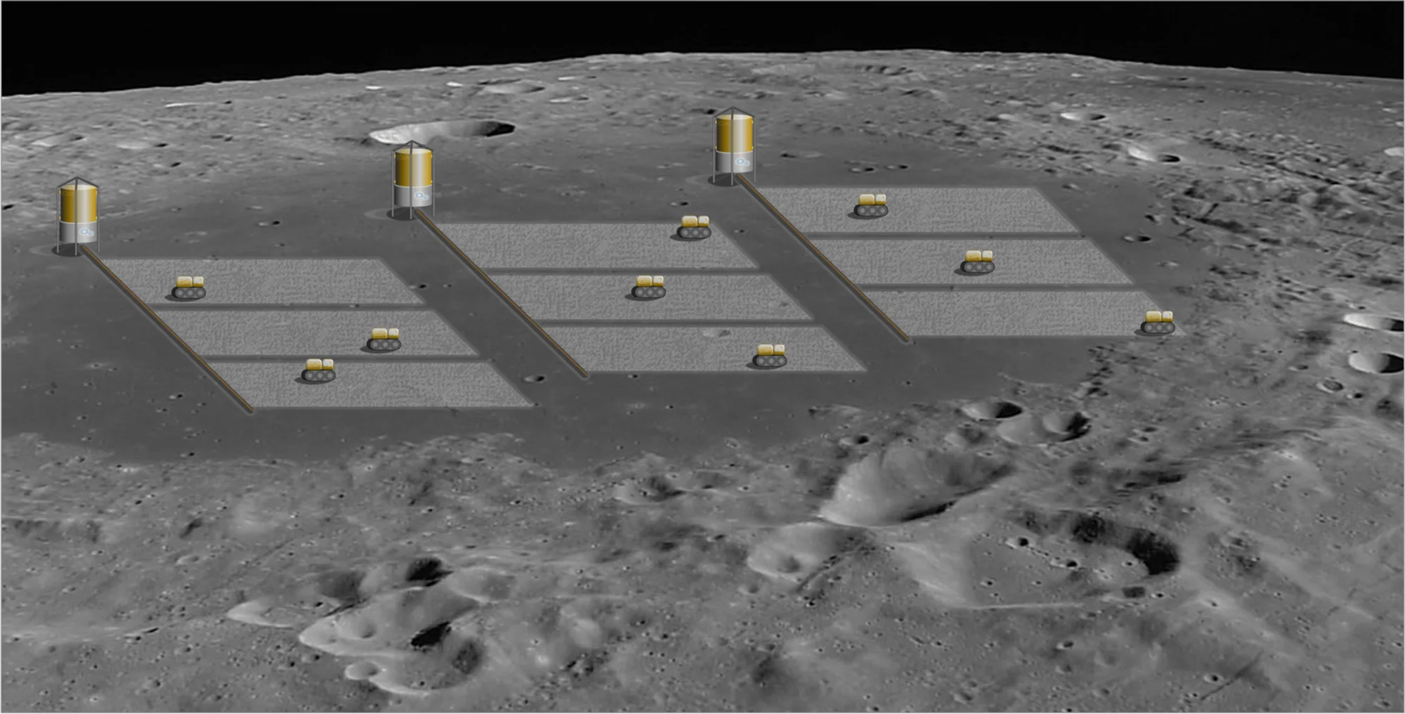 Ilustración conceptual de una base lunar con múltiples rovers autónomos operando en franjas delimitadas sobre la superficie de la Luna.