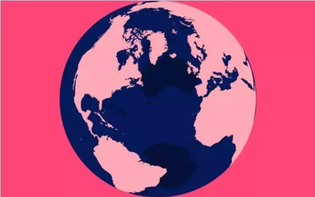 Globo terráqueo estilizado en colores rosa y azul marino sobre fondo fucsia, mostrando América y Europa.
