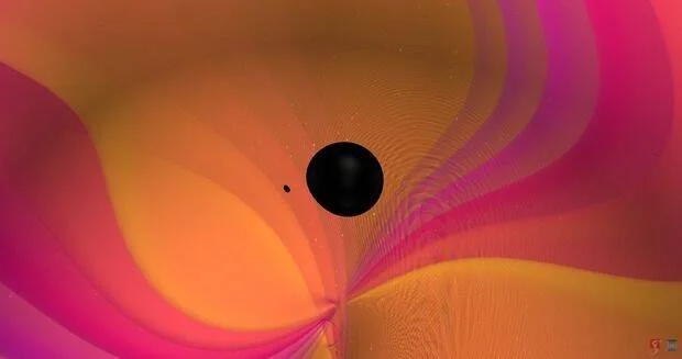 Ilustración científica de dos agujeros negros fusionándose rodeados de ondas gravitacionales en tonos naranja y rosa.