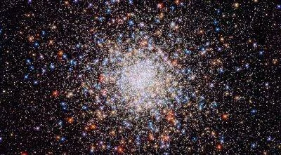Cúmulo globular de miles de estrellas densamente concentradas en el centro, con colores que van del azul al rojo, sobre fondo negro.