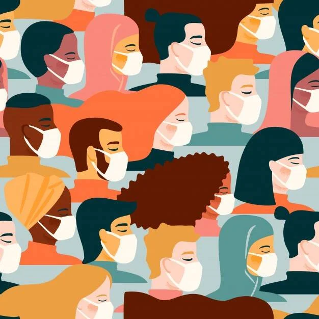 Grupo diverso de personas de distintas etnias usando mascarillas de protección, representado en estilo ilustración plana.