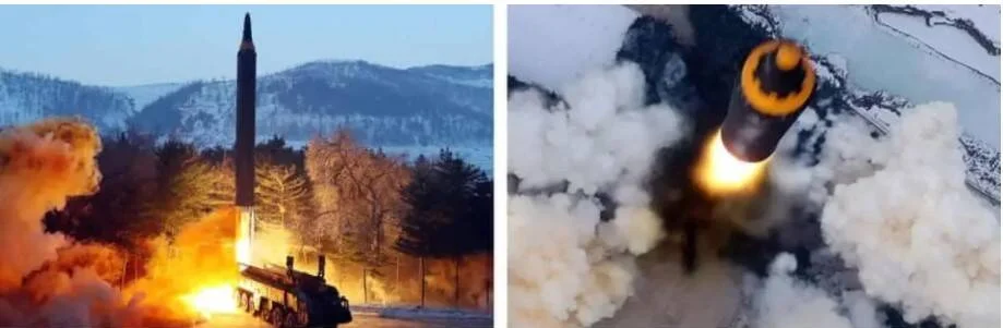 Dos tomas de un misil siendo lanzado desde un vehículo militar en un paisaje nevado, con llamas y humo en el despegue.